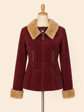 Vintage Mudd Burgundy Corduroy Jacket Faux Fur Trim Y2K Baddie Fall Coat